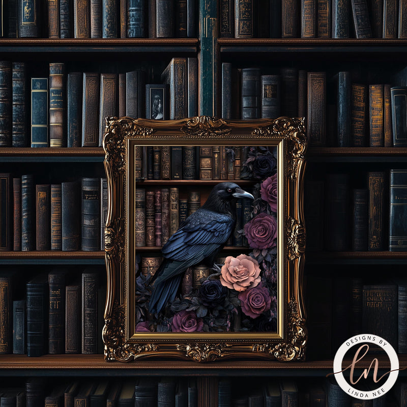 a painting of a black bird sitting on a book shelf