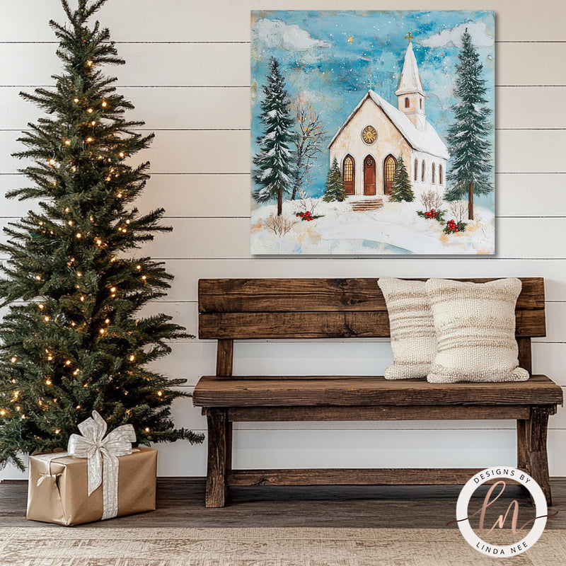 a painting of a church on a wall next to a bench