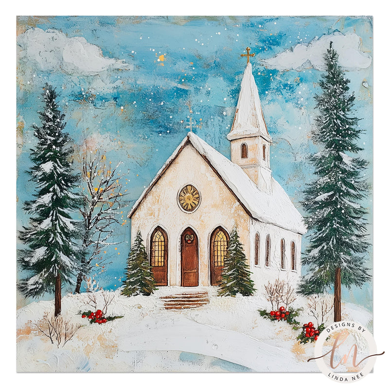 a painting of a church in the snow