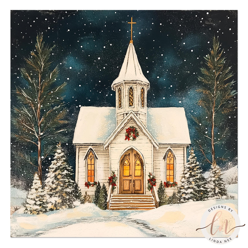 a painting of a church in the snow