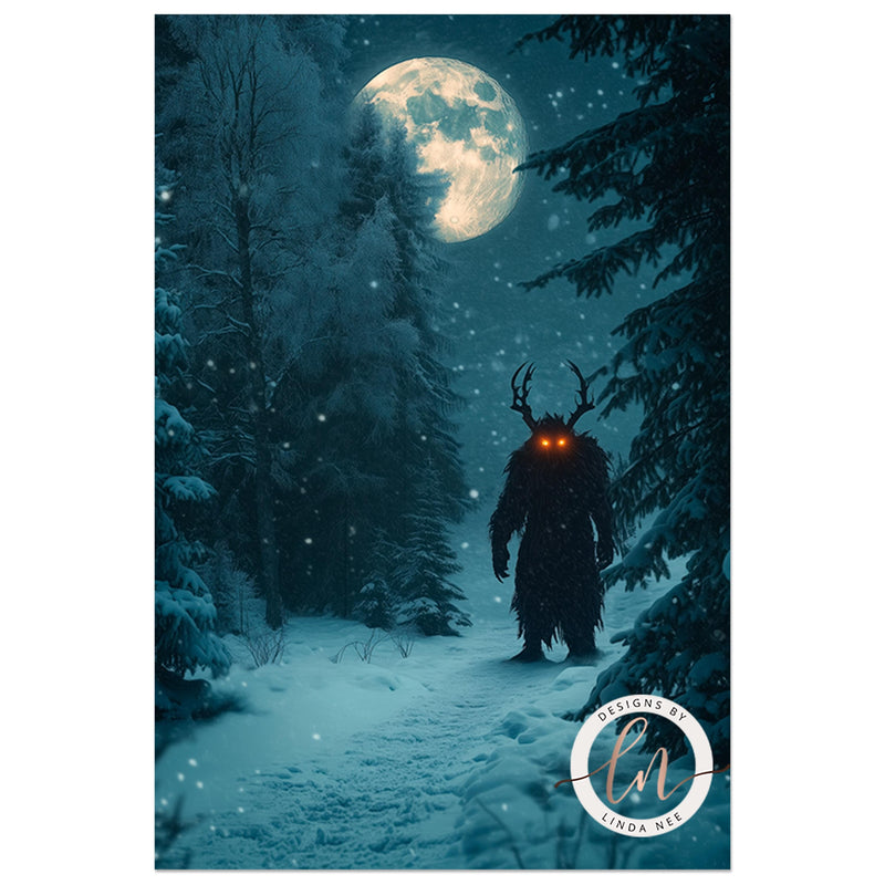 a man with a horned head walking through a forest at night