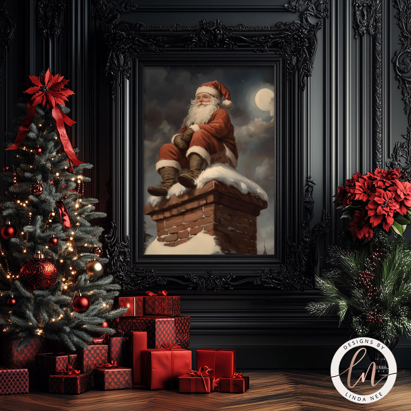 a painting of a santa clause sitting on a chimney next to a christmas tree