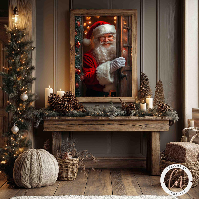 a painting of a santa clause in a living room