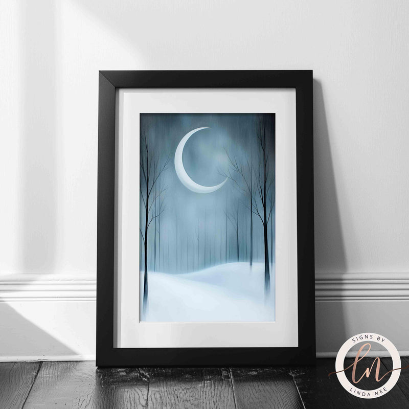 a painting of a snowy night with a half moon