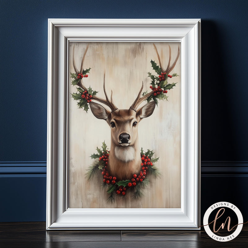 a painting of a deer with holly wreaths