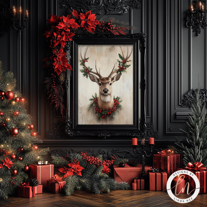 a picture of a deer with a wreath on it