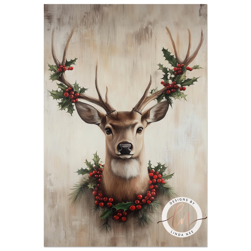 a painting of a deer with holly wreaths on it&