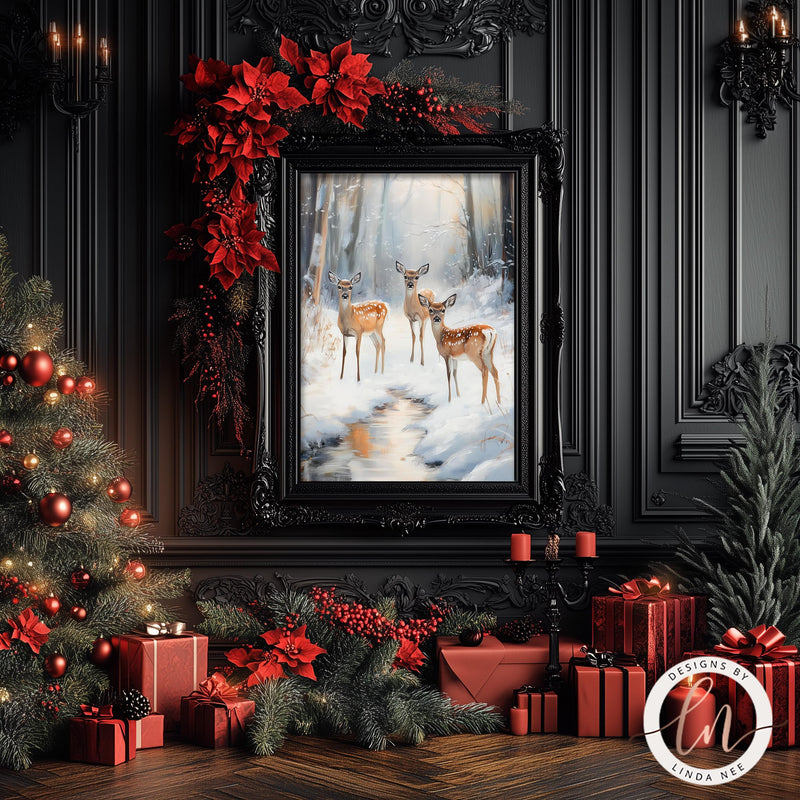 a painting of two deer in a snowy forest