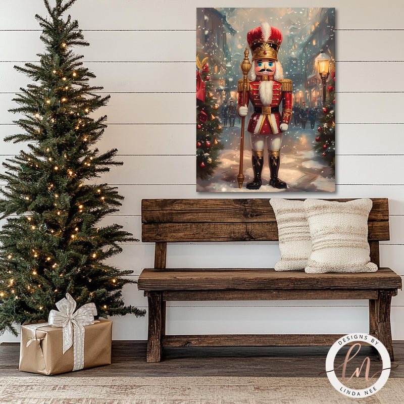 a wooden bench sitting next to a christmas tree