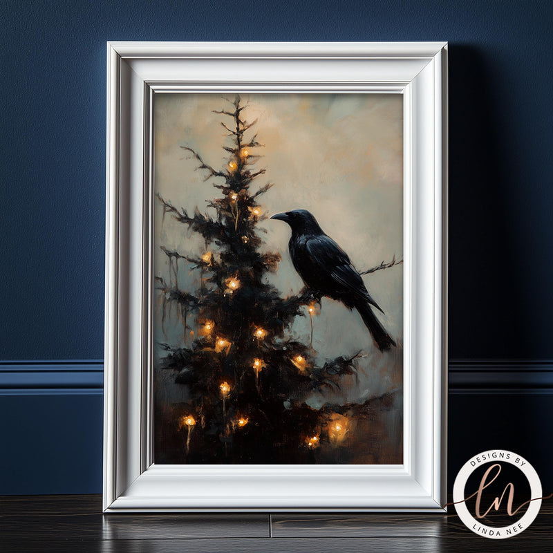 a painting of a black bird sitting on a christmas tree