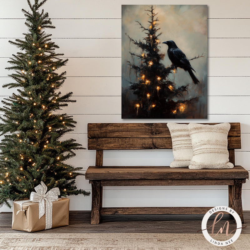 a painting of a bird sitting on a bench next to a christmas tree