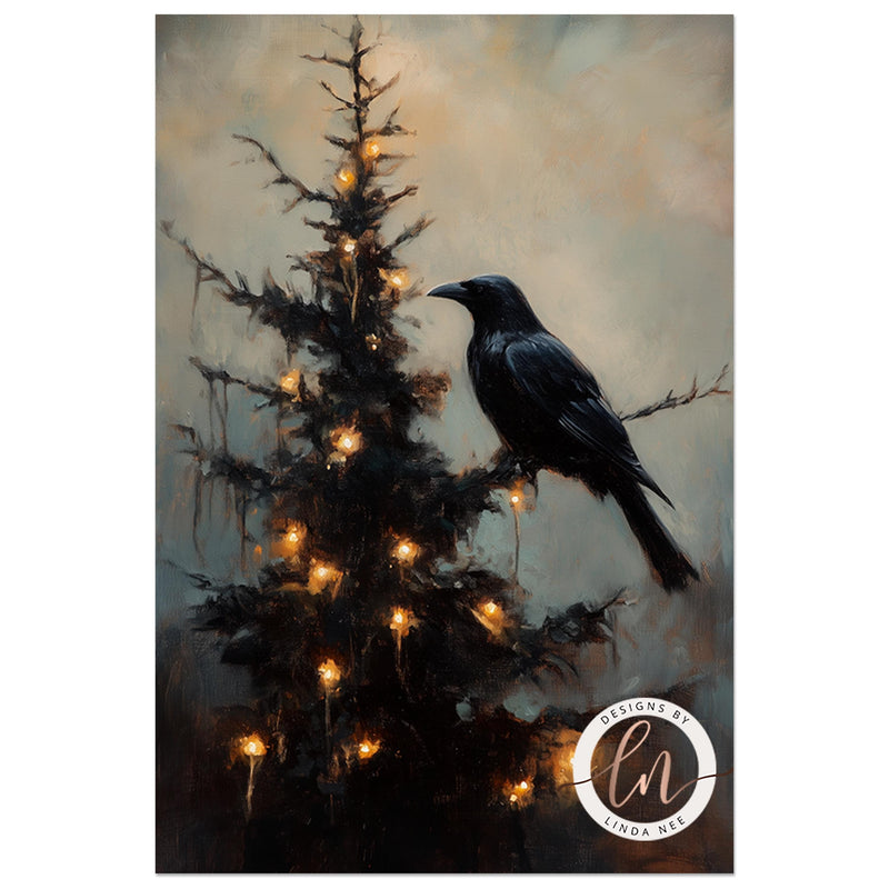 a painting of a black bird sitting on a tree