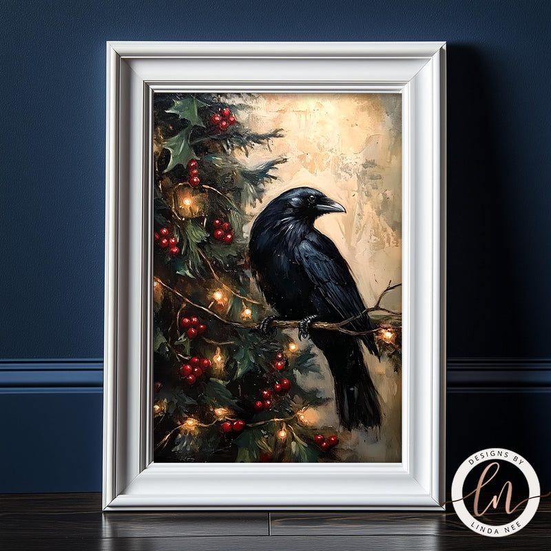 a painting of a black bird sitting on a branch