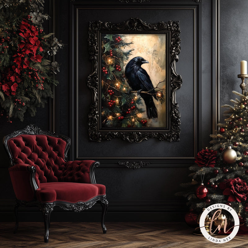 a painting of a black bird on a christmas tree