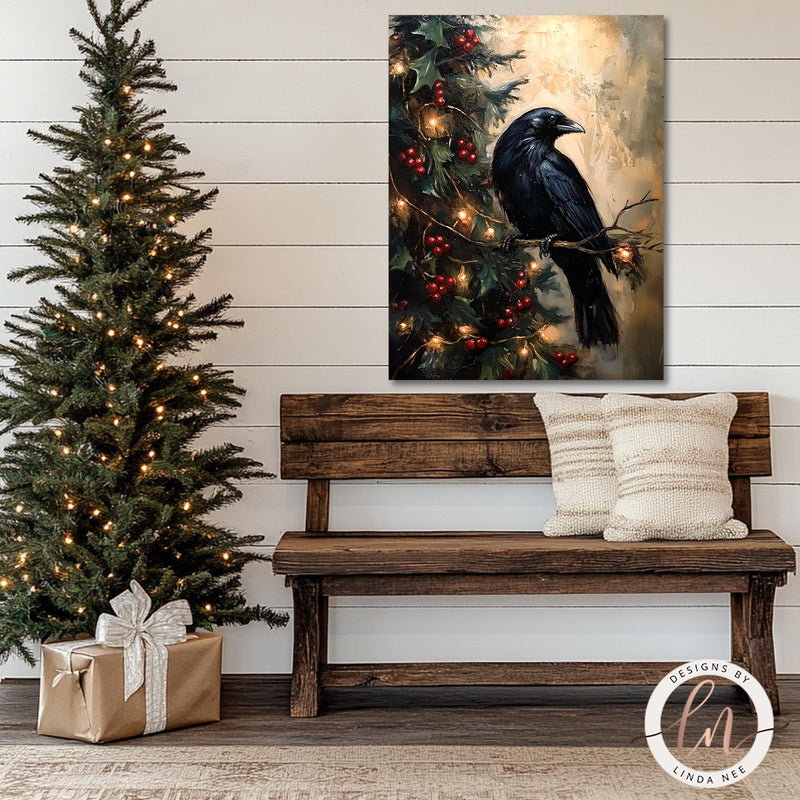 a painting of a black bird sitting on a bench next to a christmas tree