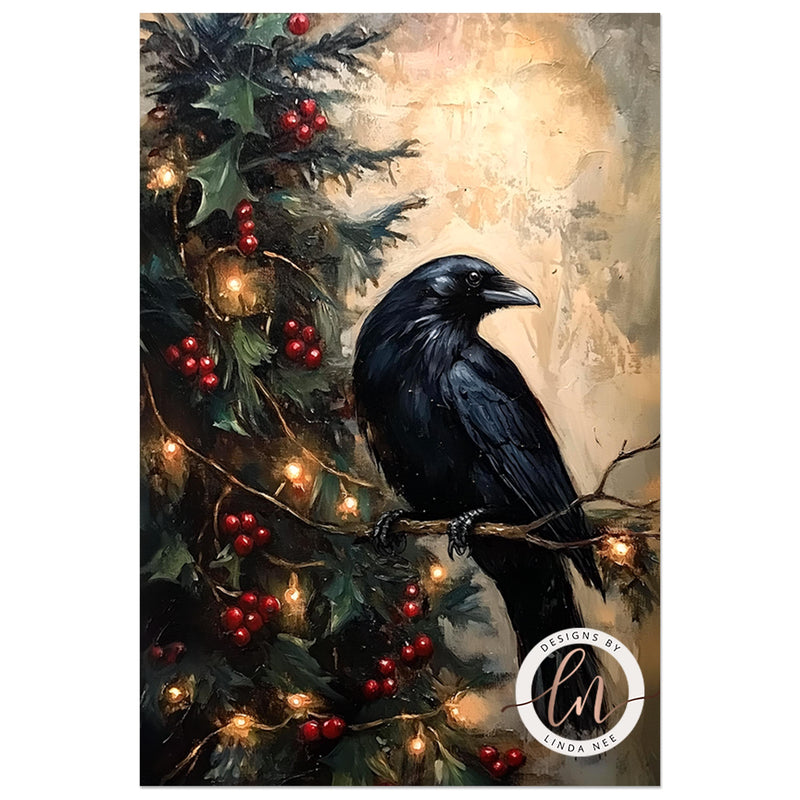 a painting of a black bird sitting on a branch