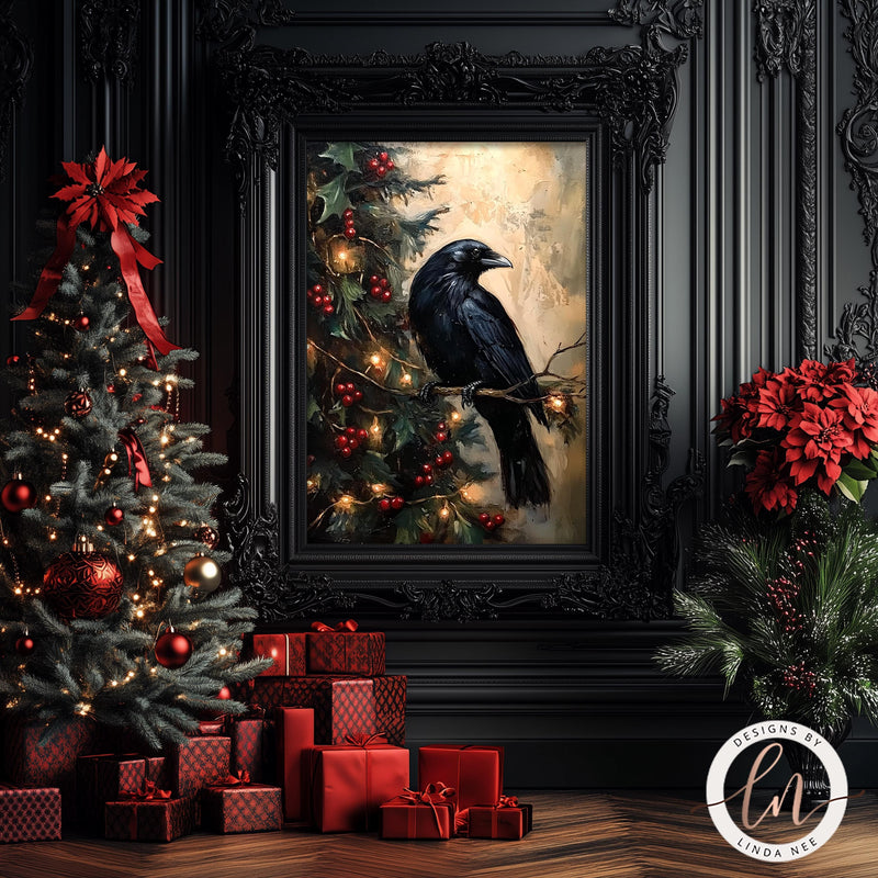 a painting of a black bird sitting on a branch next to a christmas tree