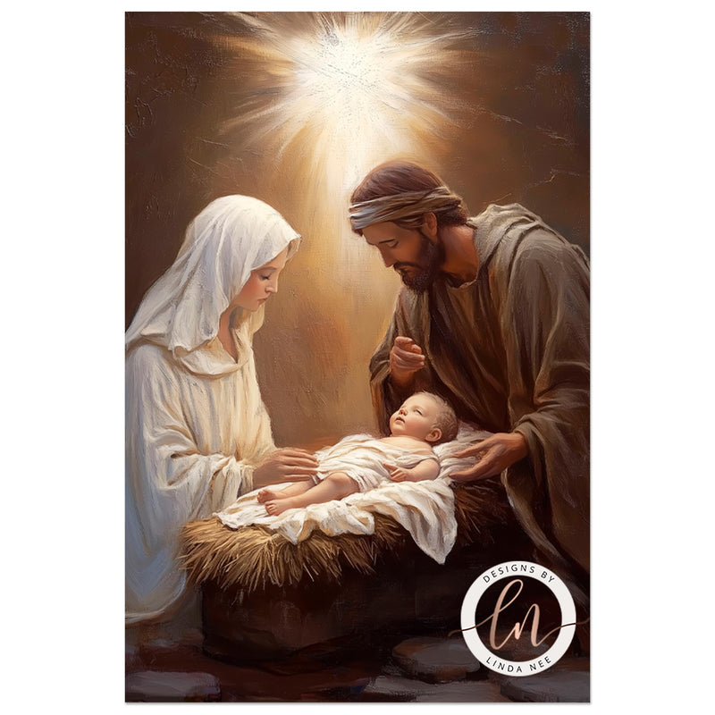 a painting of a manger scene with a baby in the manger