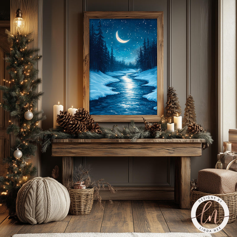 a painting of a snowy night by a fireplace