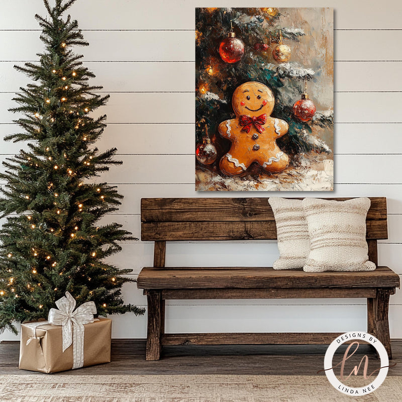 a painting of a gingerbread man sitting on a bench next to a christmas tree