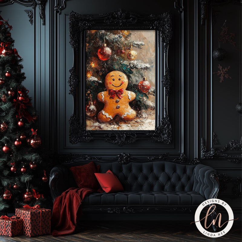 a painting of a gingerbread man in a living room