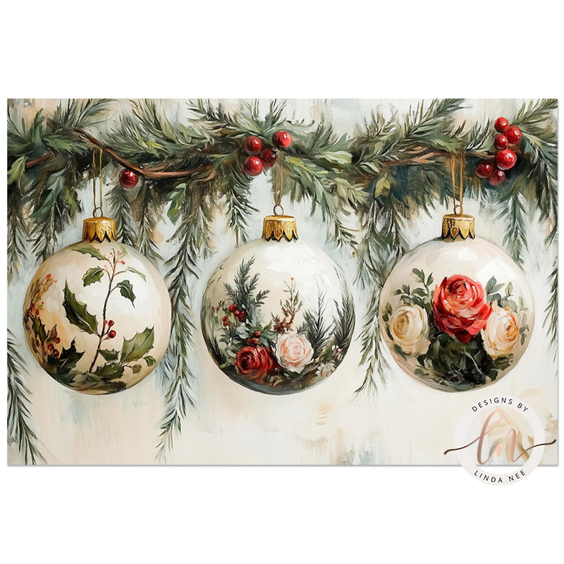 a painting of three christmas ornaments hanging from a tree