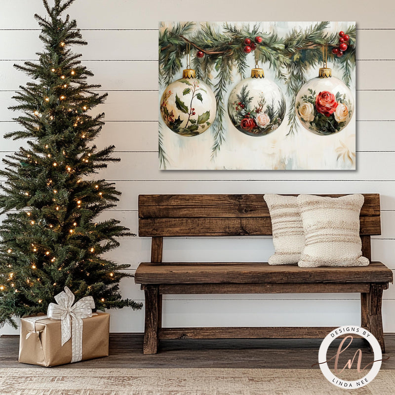 a wooden bench sitting next to a christmas tree