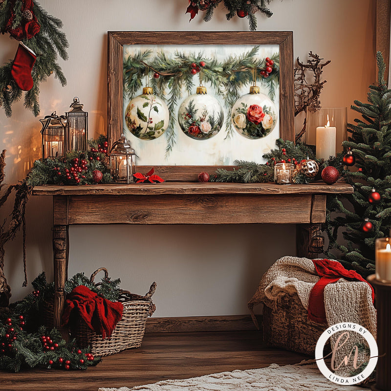 a picture of christmas decorations on a mantle