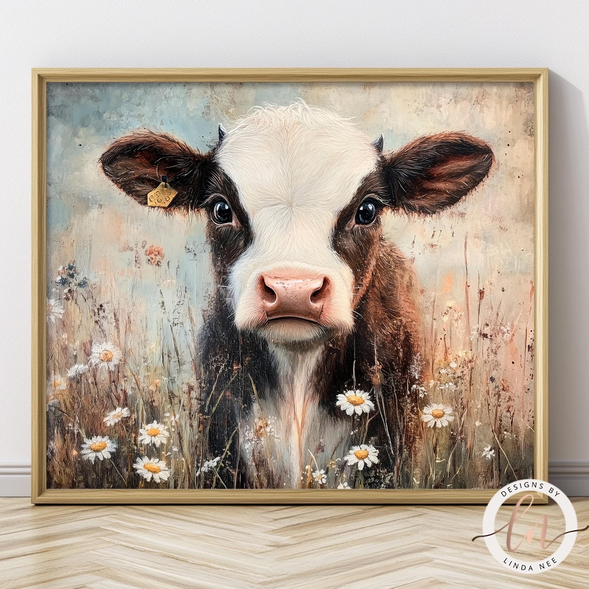 Moody Baby Cow Vintage Print