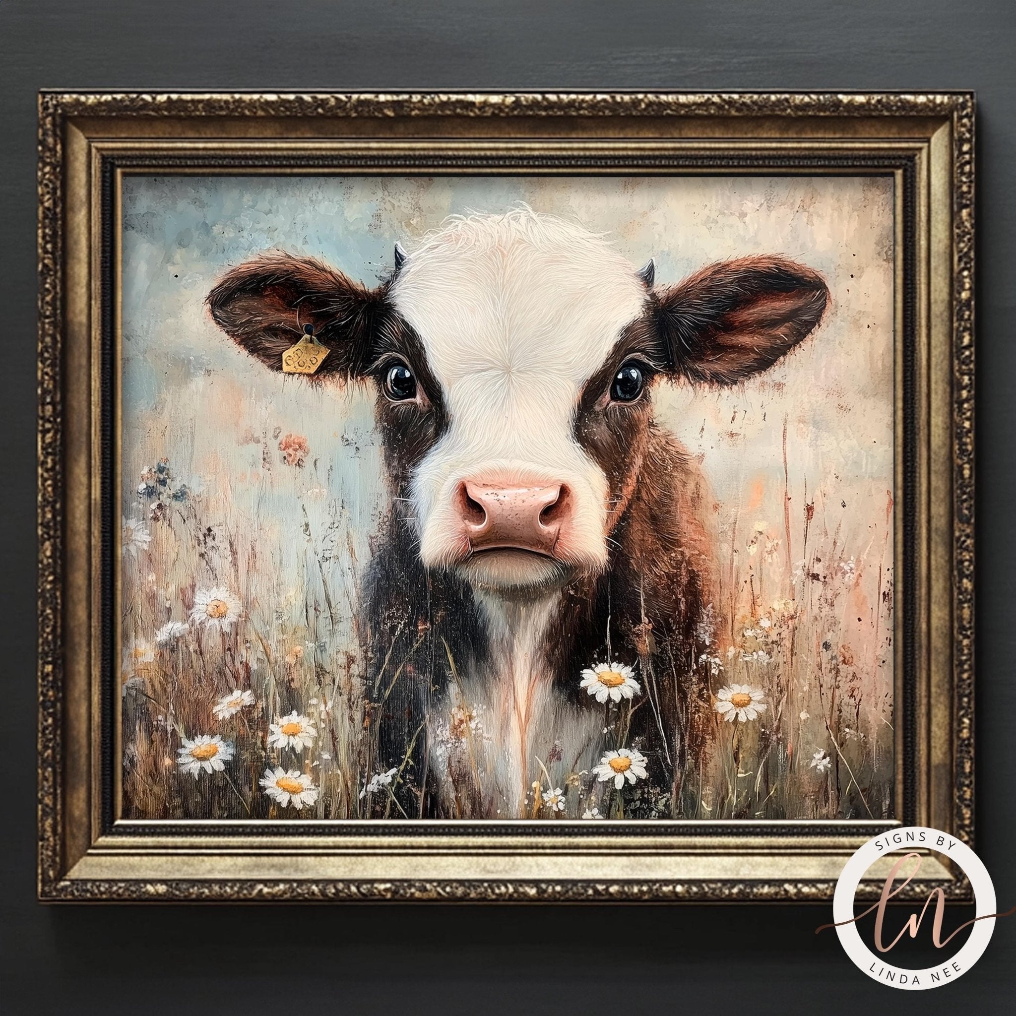 Moody Baby Cow Vintage Print