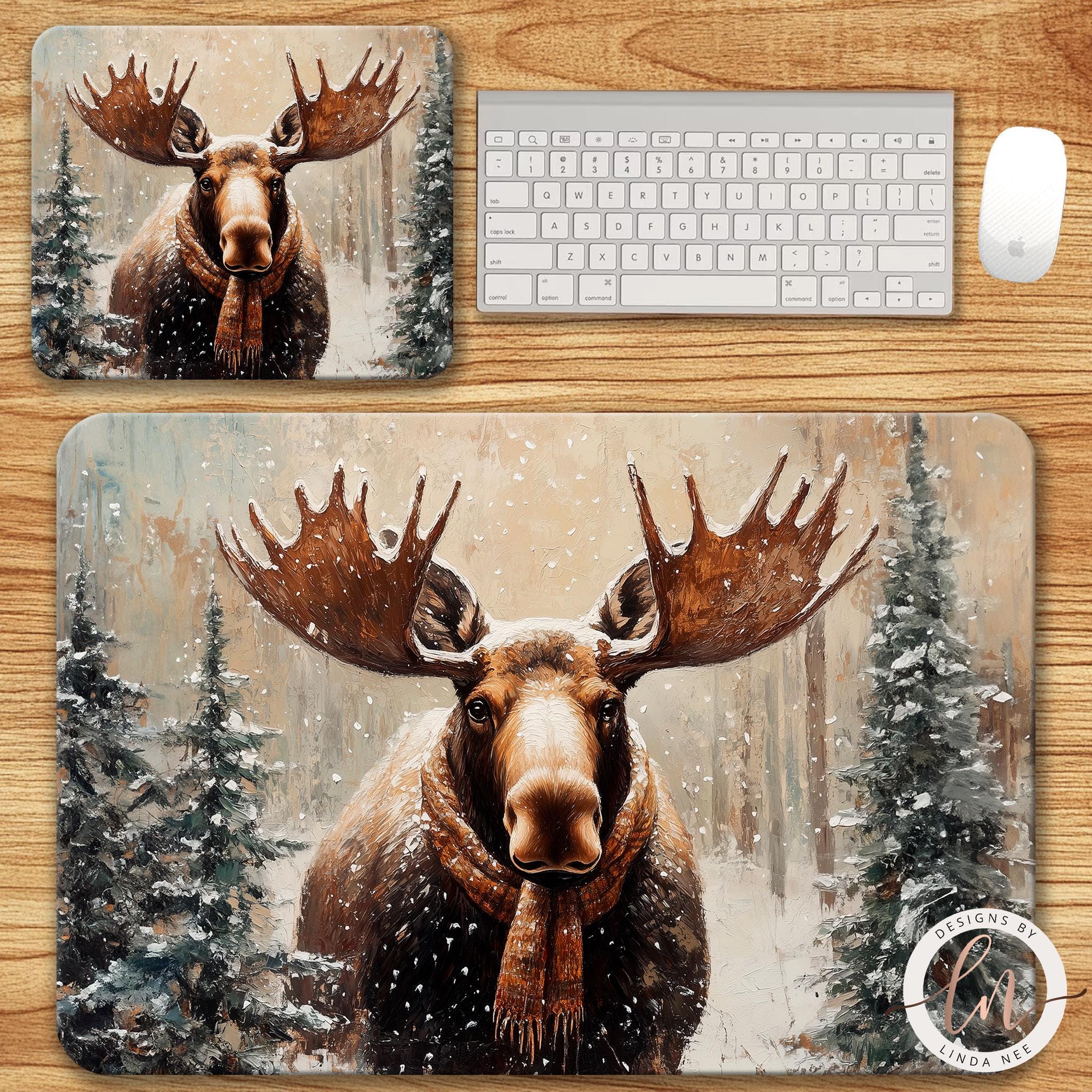 Moose Mousepad - Winter Forest Christmas Desk Mat Decor