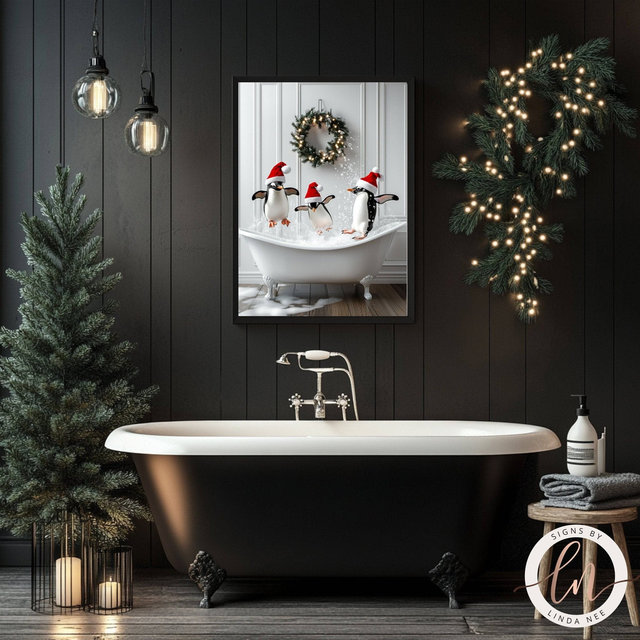 Penguins in Vintage Tub - Christmas Bathroom Wall Art Print