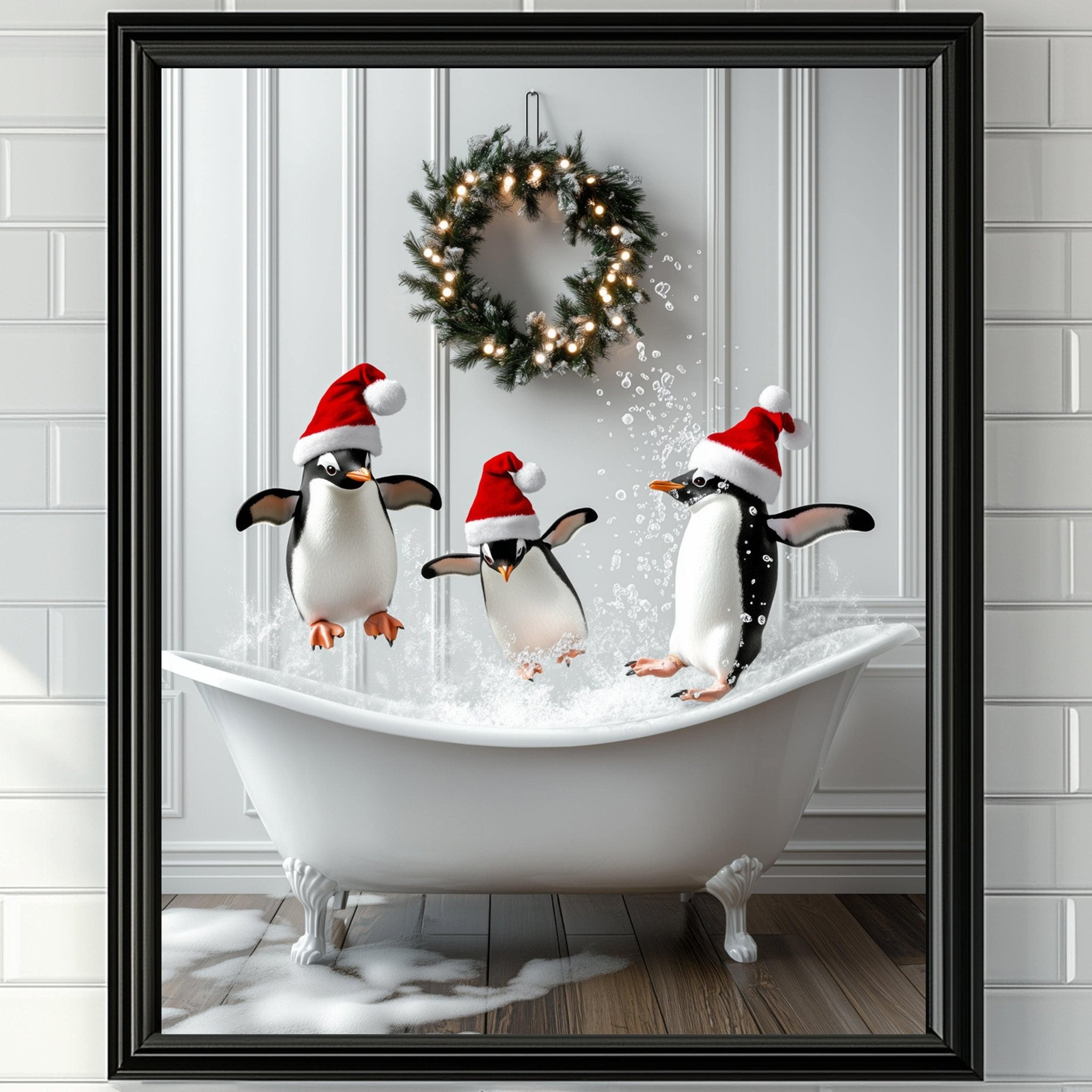 Penguins in Vintage Tub - Christmas Bathroom Wall Art Print