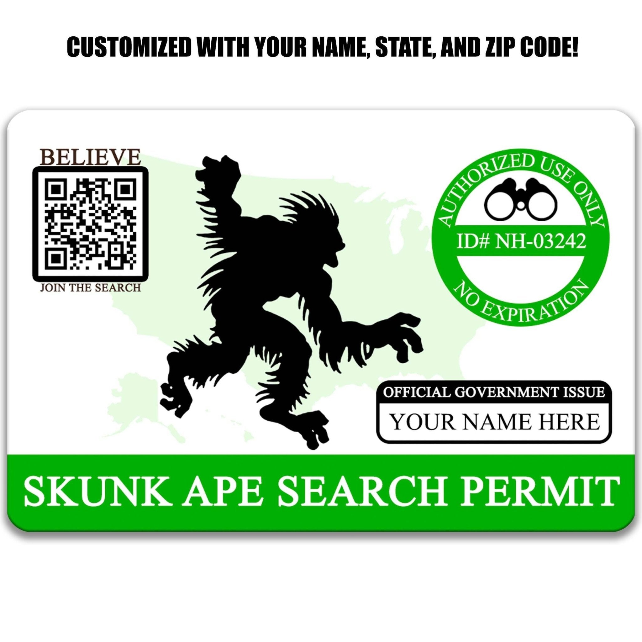 Personalized Skunk Ape Search Permit, Metal Wallet Sized License, Hunting Permit