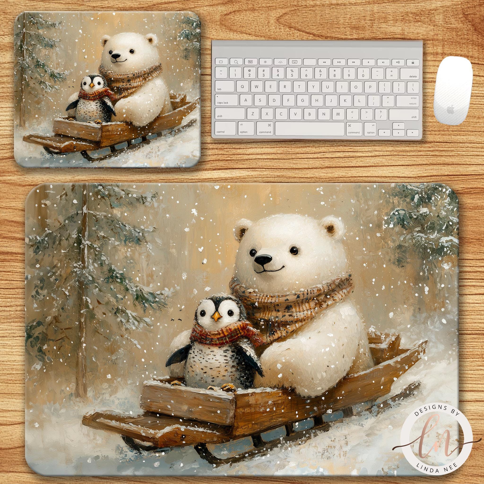 Polar Bear Penguin Mousepad - Winter Forest Christmas Decor