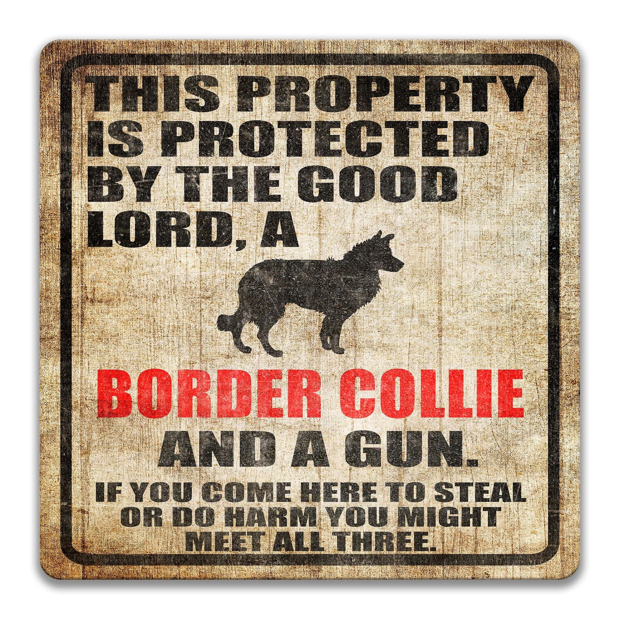 Property Protected by the Good Lord, a Border Collie, and a Gun Dog Sign