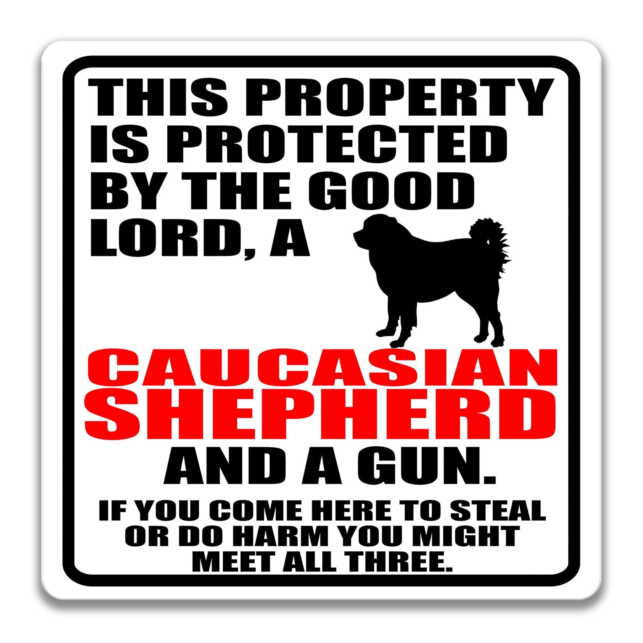 Property Protected by the Good Lord, a Caucasian Shepherd, and a Gun Dog Sign