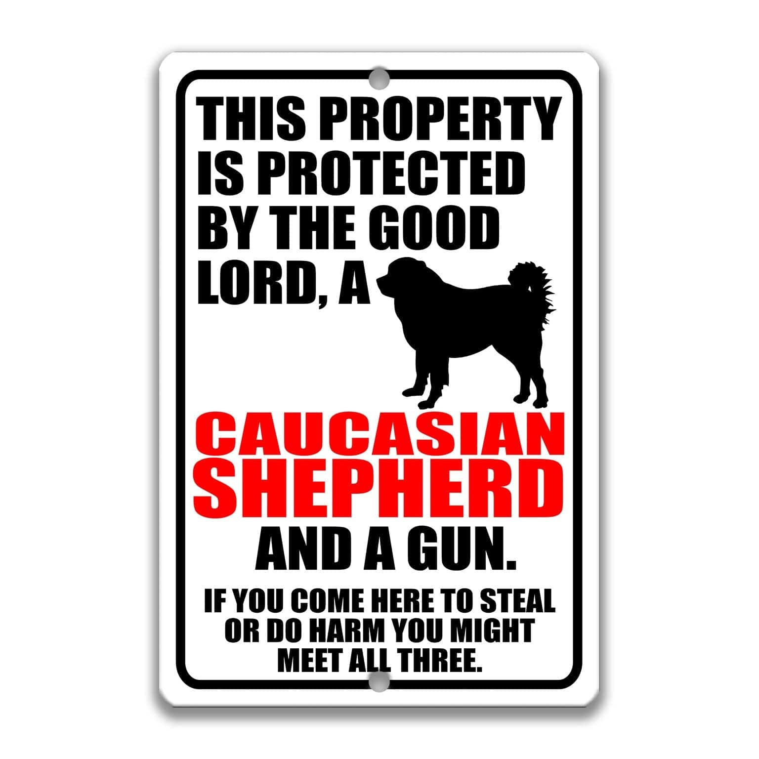 Property Protected by the Good Lord, a Caucasian Shepherd, and a Gun Dog Sign