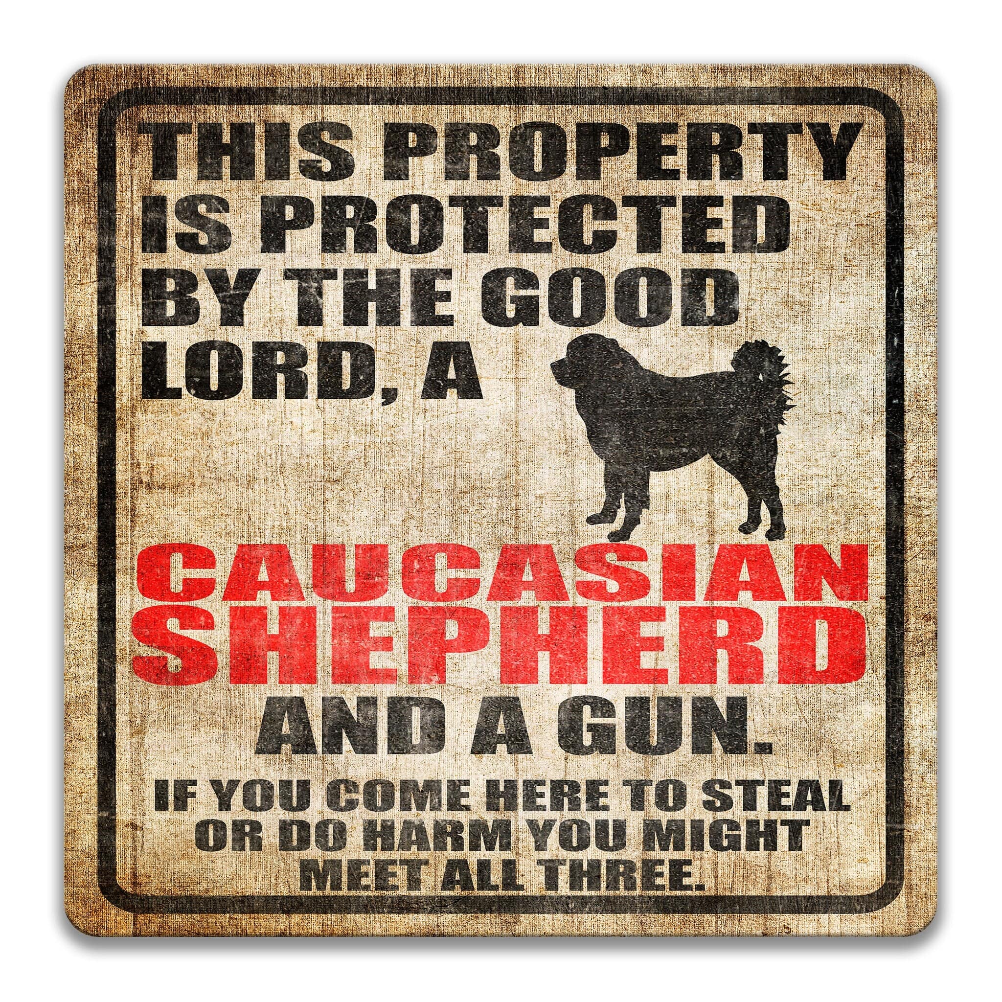 Property Protected by the Good Lord, a Caucasian Shepherd, and a Gun Dog Sign