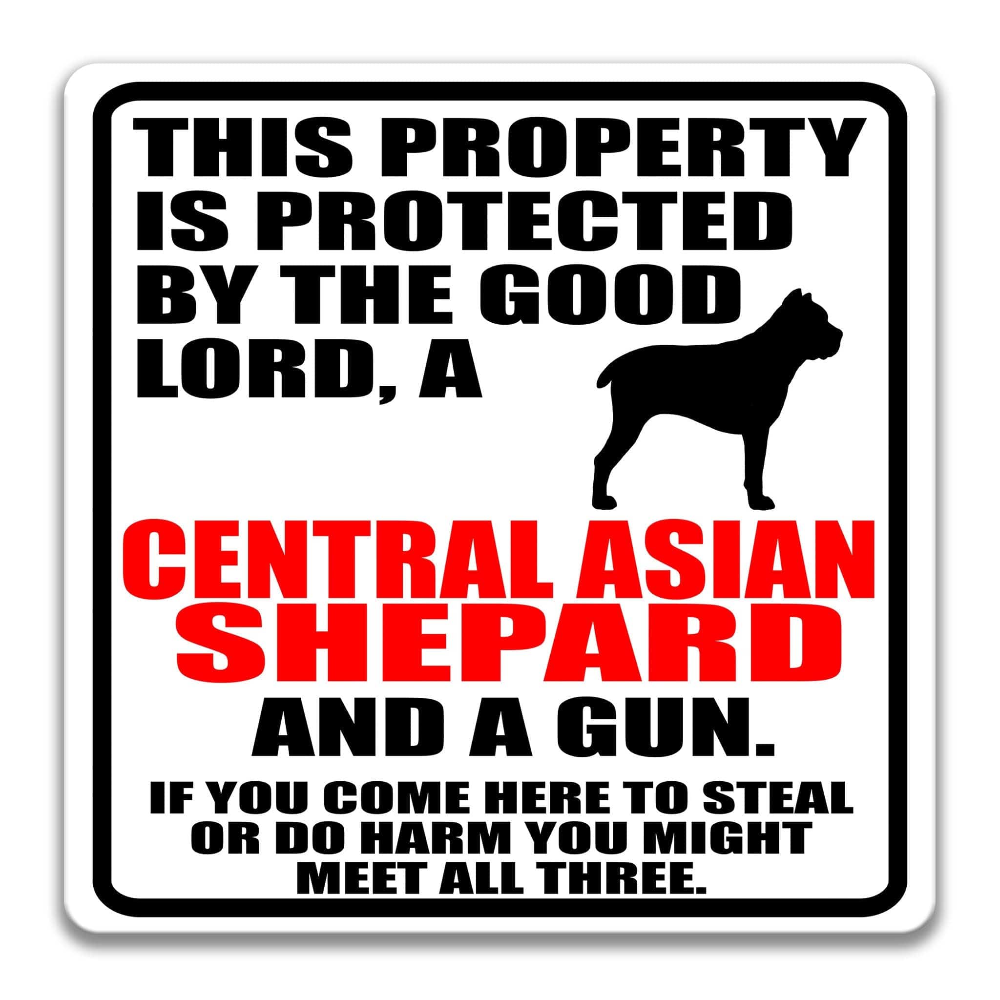 Property Protected by the Good Lord, a Central Asian Shepard, and a Gun Dog Sign