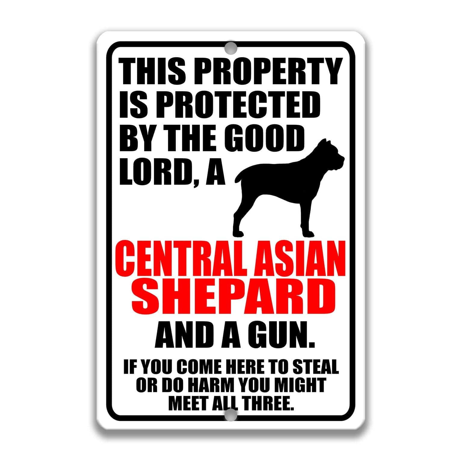 Property Protected by the Good Lord, a Central Asian Shepard, and a Gun Dog Sign