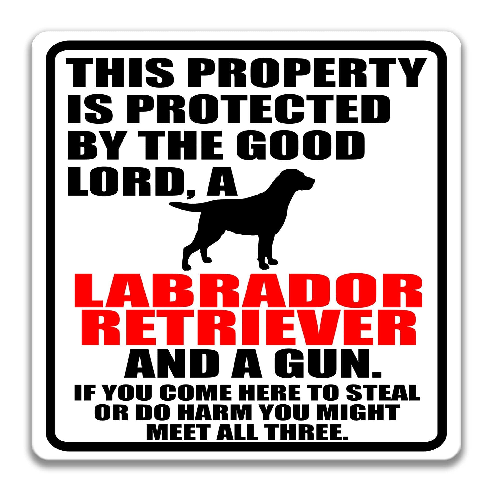 Property Protected by the Good Lord, a Labrador Retriever, and a Gun Dog Sign