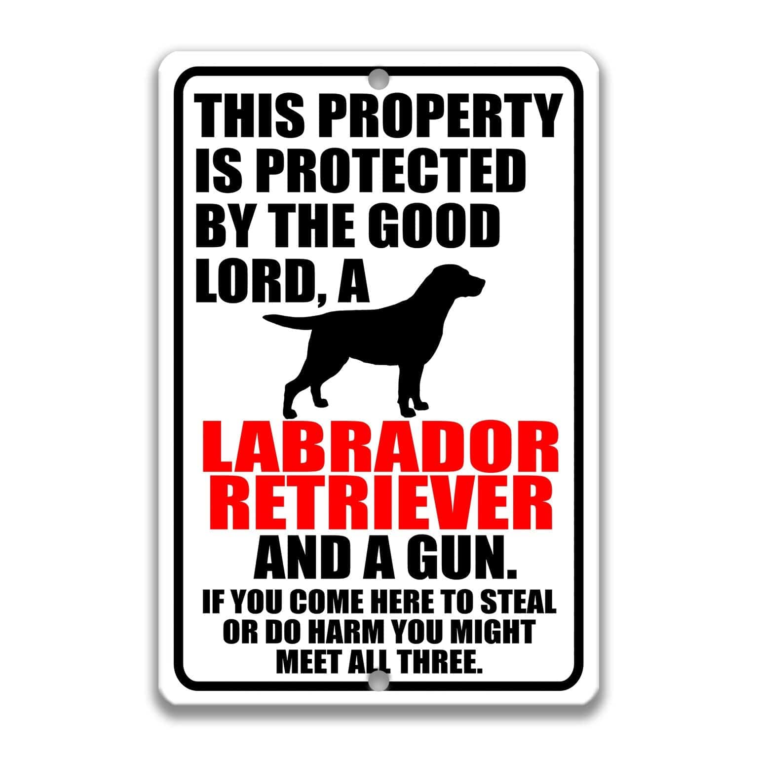 Property Protected by the Good Lord, a Labrador Retriever, and a Gun Dog Sign