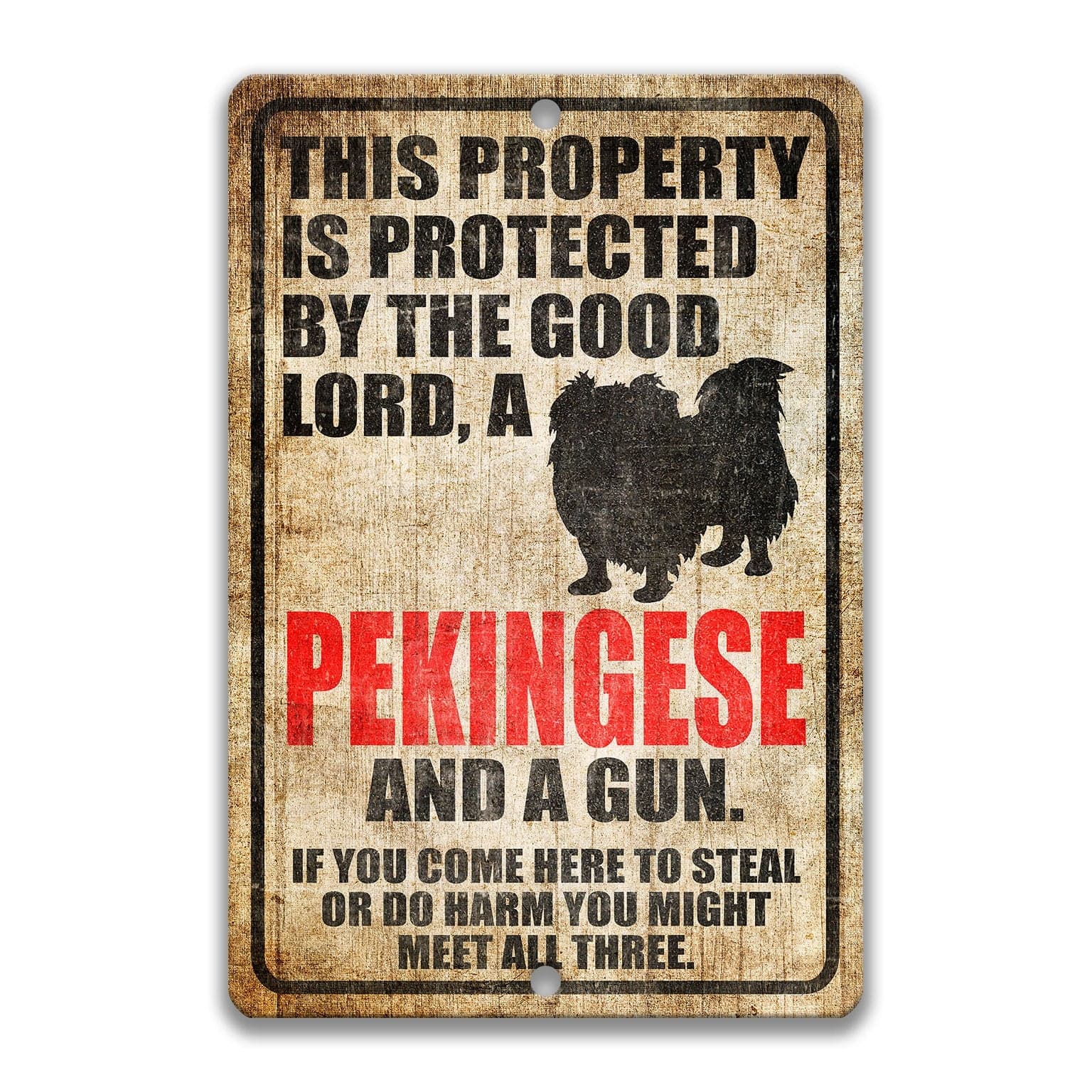 Property Protected by the Good Lord, a Pekingese, and a Gun Dog Sign