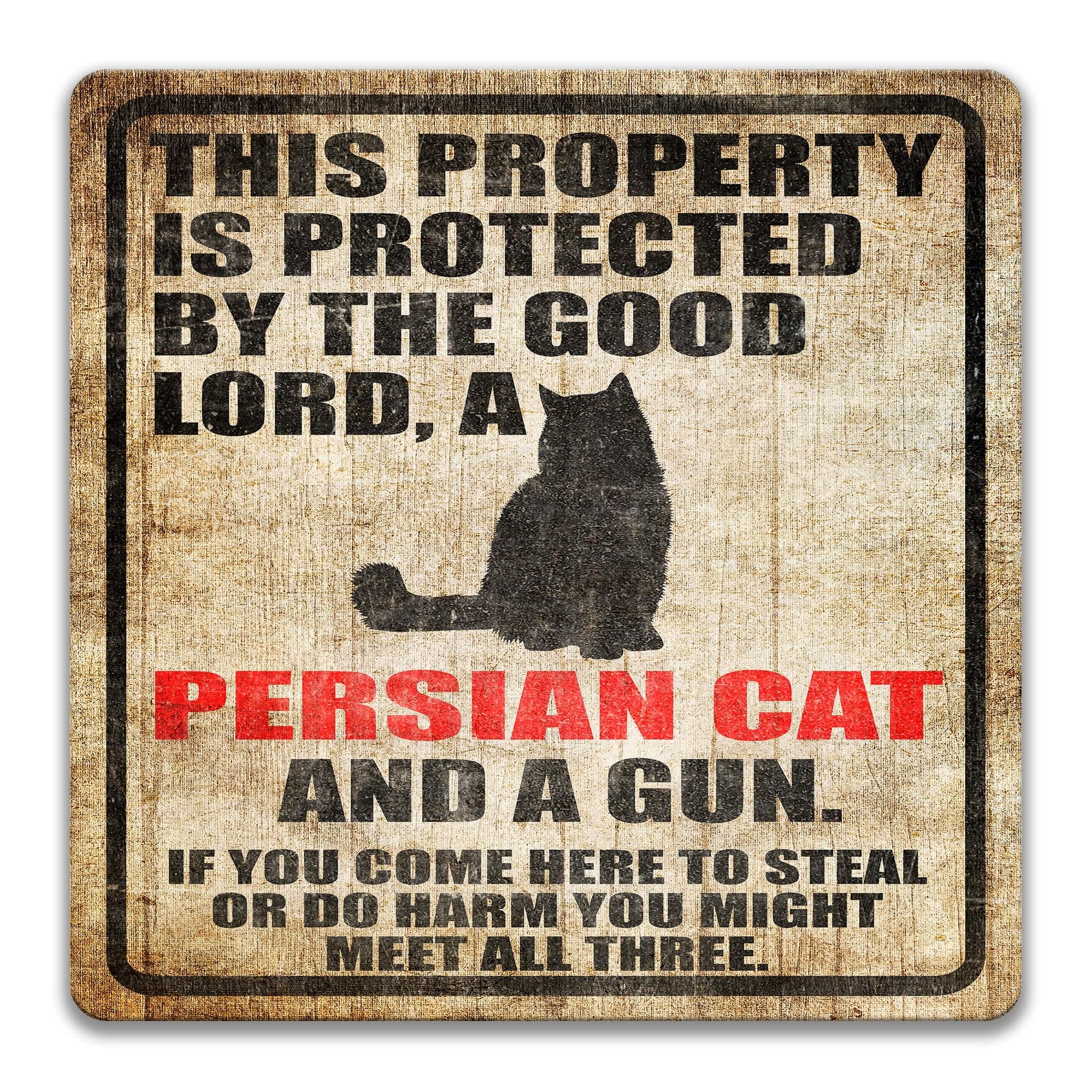 Property Protected by the Good Lord, a Persian Cat, and a Gun Cat Sign