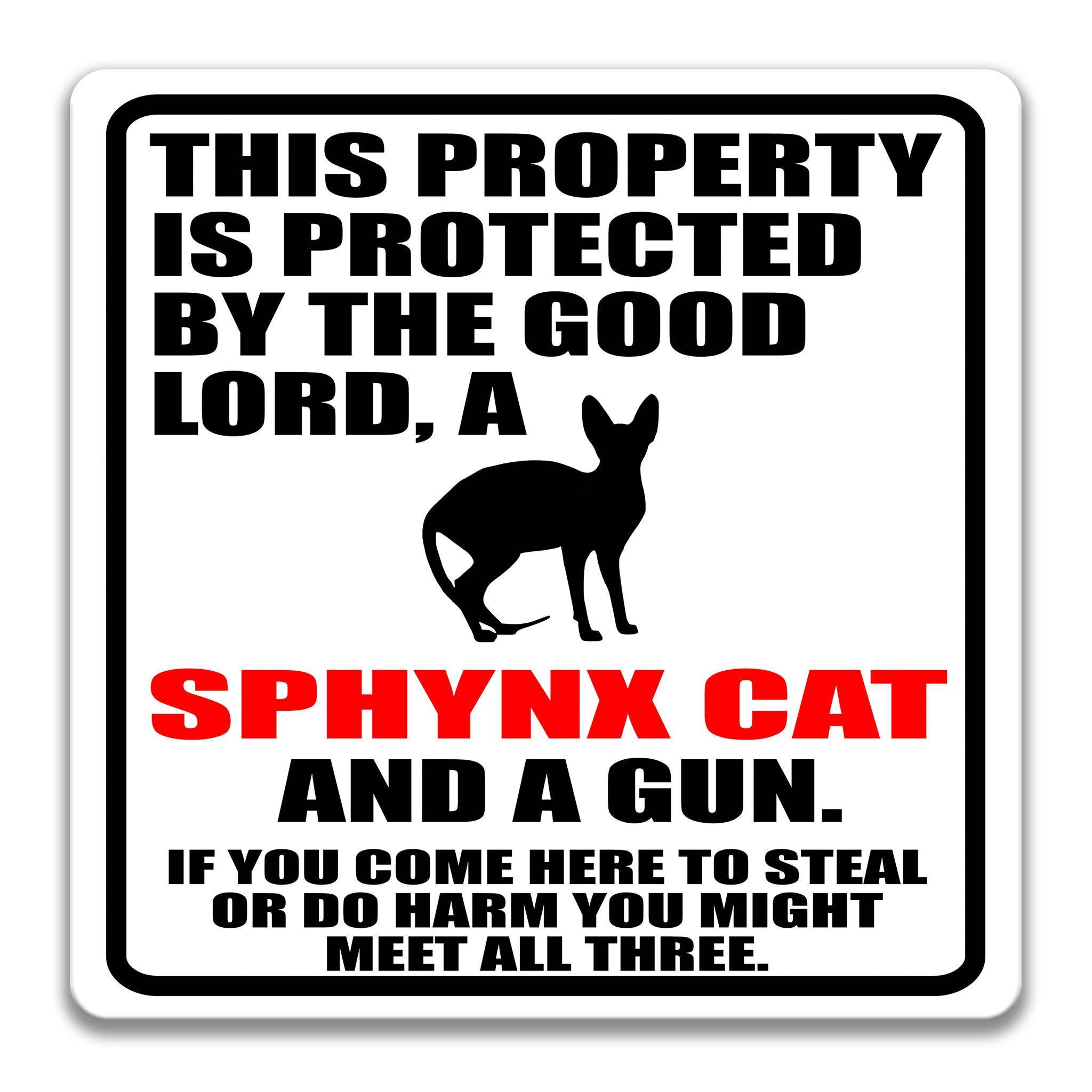 Property Protected by the Good Lord, a Sphynx Cat, and a Gun Cat Sign