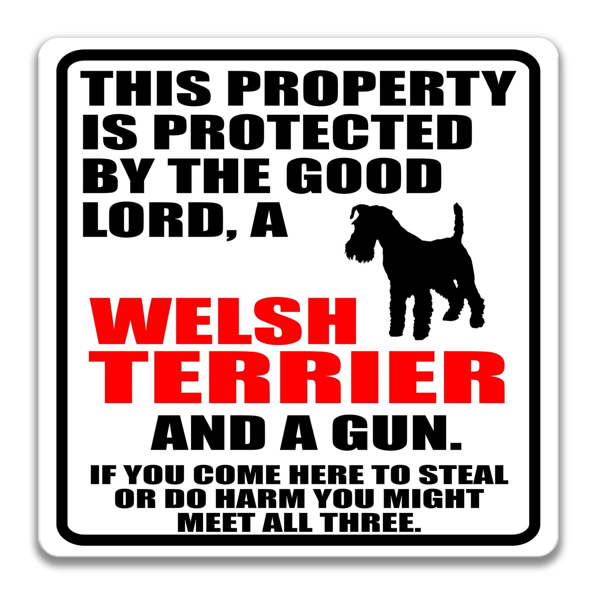 Property Protected by the Good Lord, a Welsh Terrier, and a Gun Dog Sign