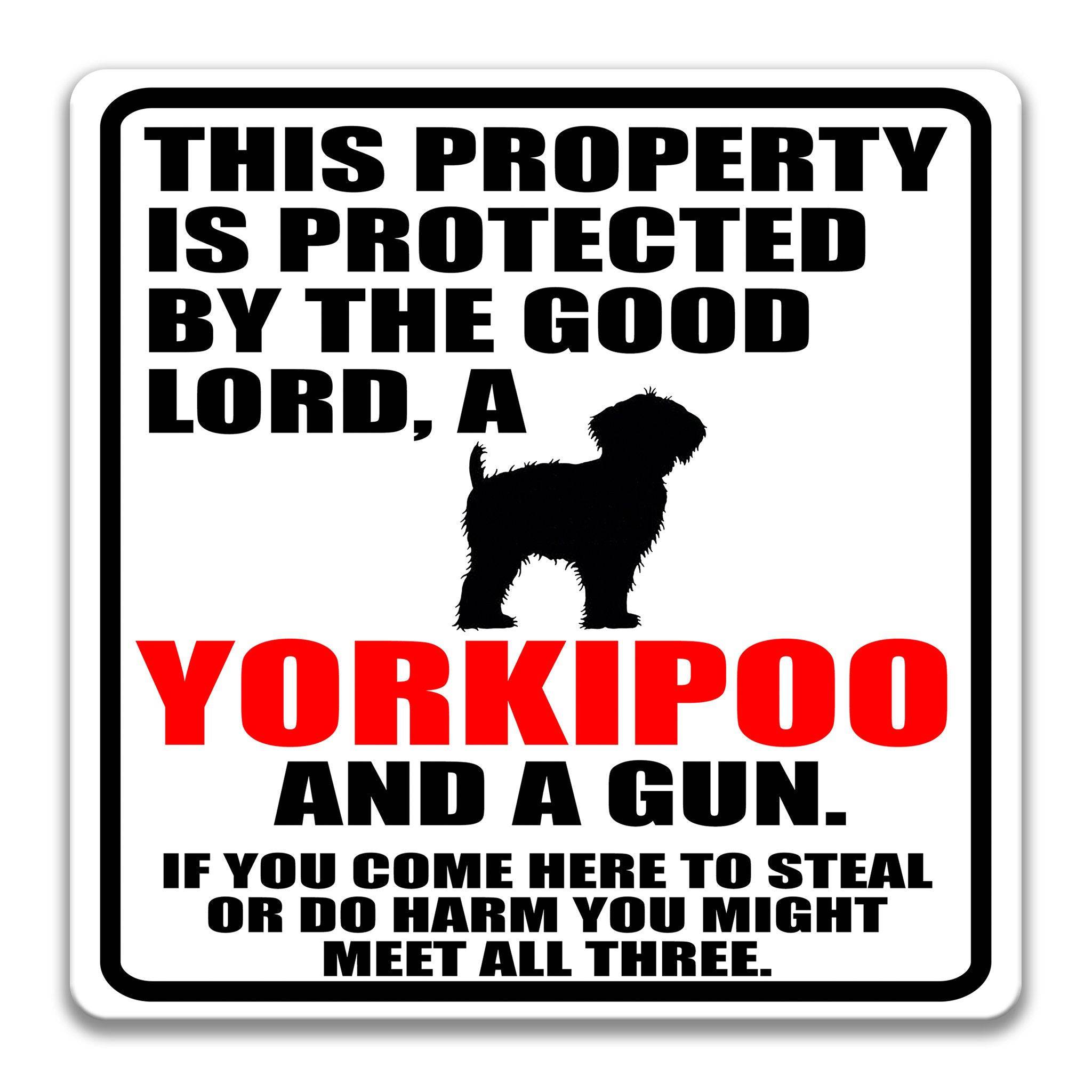 Property Protected by the Good Lord, a Yorkipoo, and a Gun Dog Sign