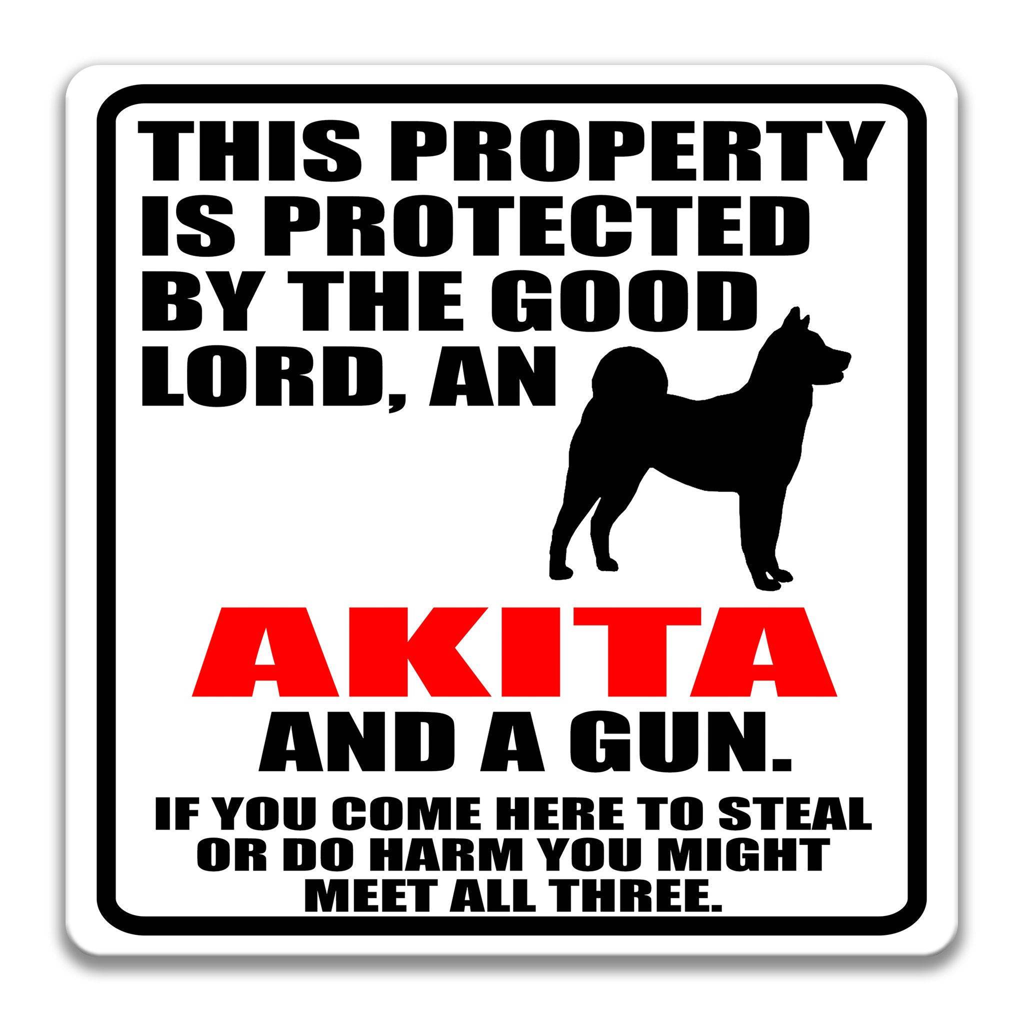 Property Protected by the Good Lord, an Akita, and a Gun Dog Sign