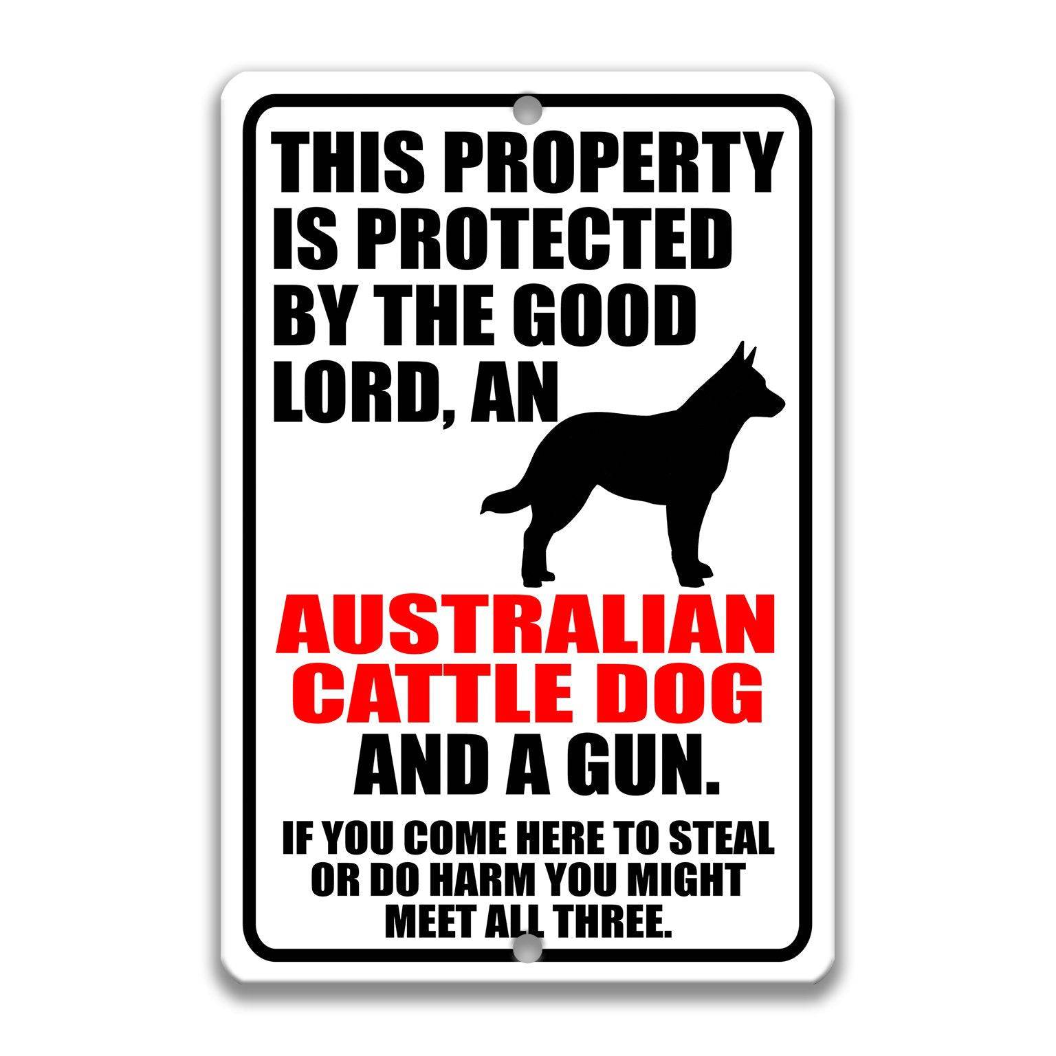 Property Protected by the Good Lord, an Australian Cattle Dog, and a Gun Dog Sign